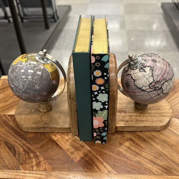 Mini Globe Wooden Bookends Set of 2 Mixed Pair World Map Multicolored India NWT - Picture 7 of 10